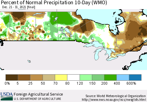 Canada Percent of Normal Precipitation 10-Day (WMO) Thematic Map For 12/21/2021 - 12/31/2021