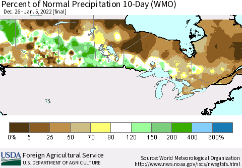 Canada Percent of Normal Precipitation 10-Day (WMO) Thematic Map For 12/26/2021 - 1/5/2022