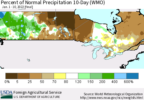 Canada Percent of Normal Precipitation 10-Day (WMO) Thematic Map For 1/1/2022 - 1/10/2022
