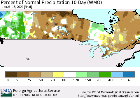Canada Percent of Normal Precipitation 10-Day (WMO) Thematic Map For 1/6/2022 - 1/15/2022