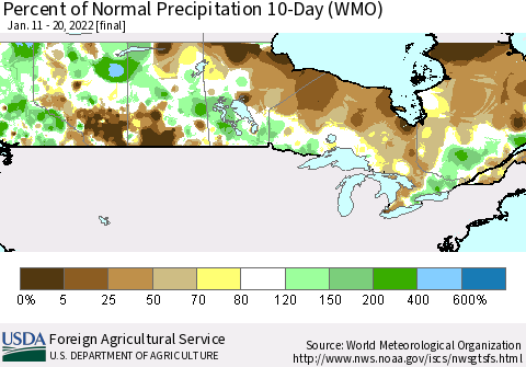 Canada Percent of Normal Precipitation 10-Day (WMO) Thematic Map For 1/11/2022 - 1/20/2022