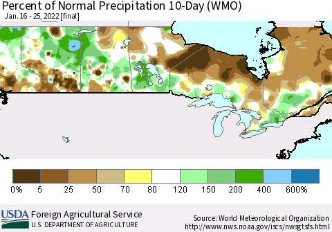 Canada Percent of Normal Precipitation 10-Day (WMO) Thematic Map For 1/16/2022 - 1/25/2022