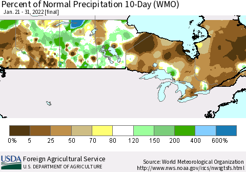 Canada Percent of Normal Precipitation 10-Day (WMO) Thematic Map For 1/21/2022 - 1/31/2022