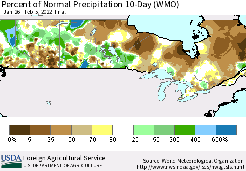 Canada Percent of Normal Precipitation 10-Day (WMO) Thematic Map For 1/26/2022 - 2/5/2022