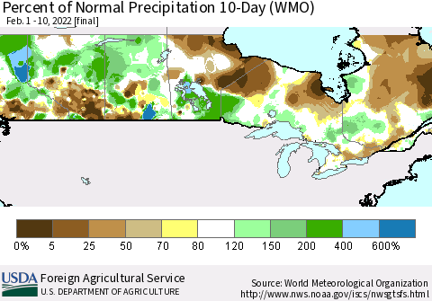 Canada Percent of Normal Precipitation 10-Day (WMO) Thematic Map For 2/1/2022 - 2/10/2022