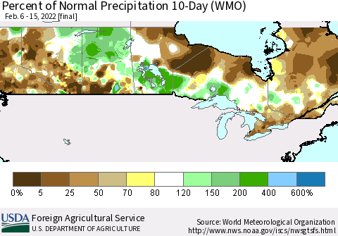 Canada Percent of Normal Precipitation 10-Day (WMO) Thematic Map For 2/6/2022 - 2/15/2022