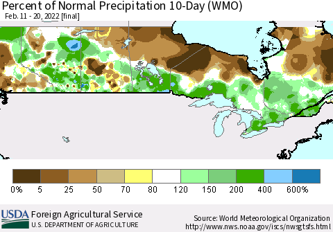 Canada Percent of Normal Precipitation 10-Day (WMO) Thematic Map For 2/11/2022 - 2/20/2022