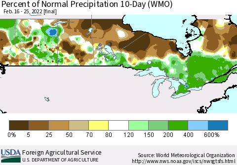Canada Percent of Normal Precipitation 10-Day (WMO) Thematic Map For 2/16/2022 - 2/25/2022