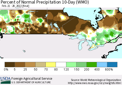 Canada Percent of Normal Precipitation 10-Day (WMO) Thematic Map For 2/21/2022 - 2/28/2022