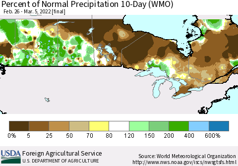 Canada Percent of Normal Precipitation 10-Day (WMO) Thematic Map For 2/26/2022 - 3/5/2022