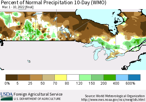 Canada Percent of Normal Precipitation 10-Day (WMO) Thematic Map For 3/1/2022 - 3/10/2022