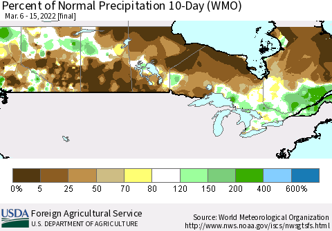 Canada Percent of Normal Precipitation 10-Day (WMO) Thematic Map For 3/6/2022 - 3/15/2022
