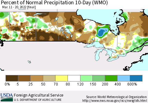 Canada Percent of Normal Precipitation 10-Day (WMO) Thematic Map For 3/11/2022 - 3/20/2022