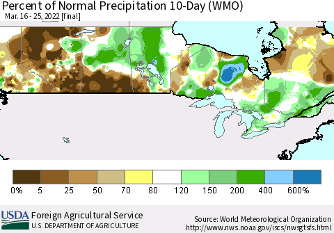 Canada Percent of Normal Precipitation 10-Day (WMO) Thematic Map For 3/16/2022 - 3/25/2022