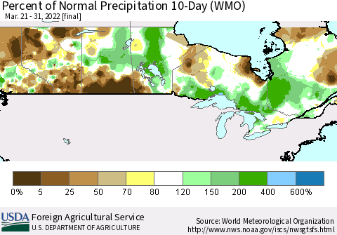 Canada Percent of Normal Precipitation 10-Day (WMO) Thematic Map For 3/21/2022 - 3/31/2022