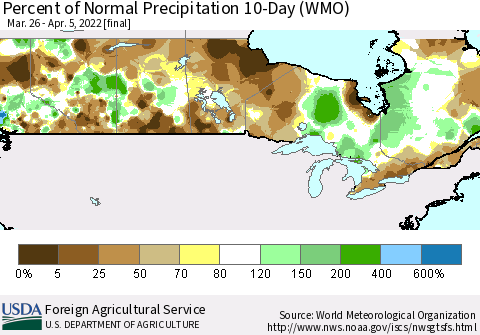 Canada Percent of Normal Precipitation 10-Day (WMO) Thematic Map For 3/26/2022 - 4/5/2022