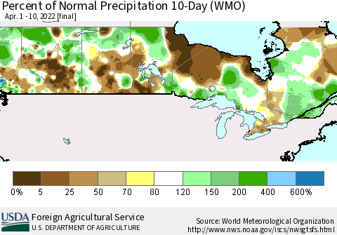 Canada Percent of Normal Precipitation 10-Day (WMO) Thematic Map For 4/1/2022 - 4/10/2022