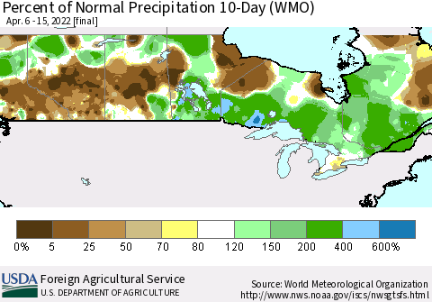 Canada Percent of Normal Precipitation 10-Day (WMO) Thematic Map For 4/6/2022 - 4/15/2022