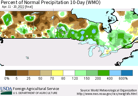 Canada Percent of Normal Precipitation 10-Day (WMO) Thematic Map For 4/11/2022 - 4/20/2022