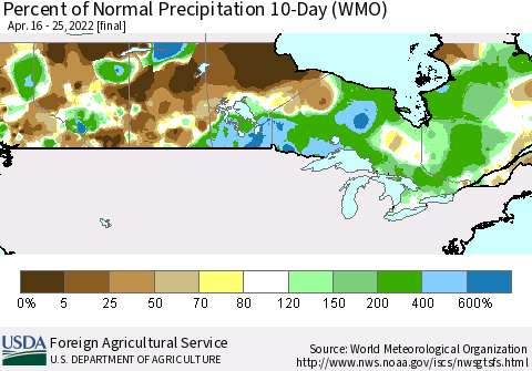 Canada Percent of Normal Precipitation 10-Day (WMO) Thematic Map For 4/16/2022 - 4/25/2022