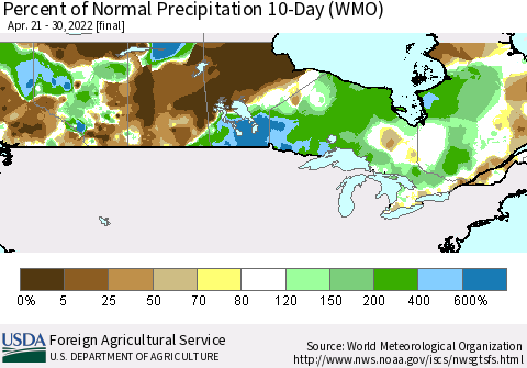 Canada Percent of Normal Precipitation 10-Day (WMO) Thematic Map For 4/21/2022 - 4/30/2022