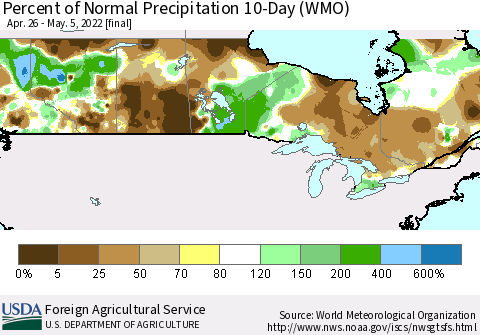 Canada Percent of Normal Precipitation 10-Day (WMO) Thematic Map For 4/26/2022 - 5/5/2022