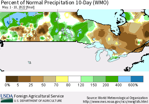 Canada Percent of Normal Precipitation 10-Day (WMO) Thematic Map For 5/1/2022 - 5/10/2022