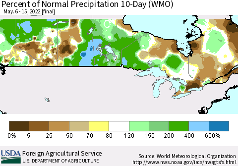 Canada Percent of Normal Precipitation 10-Day (WMO) Thematic Map For 5/6/2022 - 5/15/2022