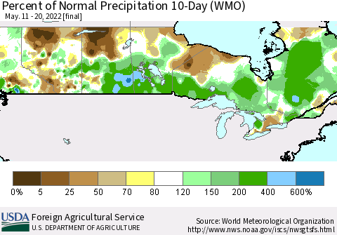 Canada Percent of Normal Precipitation 10-Day (WMO) Thematic Map For 5/11/2022 - 5/20/2022