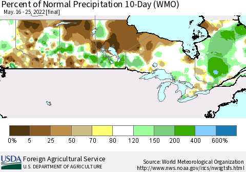 Canada Percent of Normal Precipitation 10-Day (WMO) Thematic Map For 5/16/2022 - 5/25/2022
