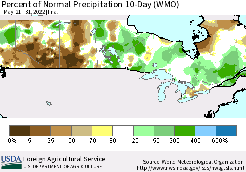 Canada Percent of Normal Precipitation 10-Day (WMO) Thematic Map For 5/21/2022 - 5/31/2022