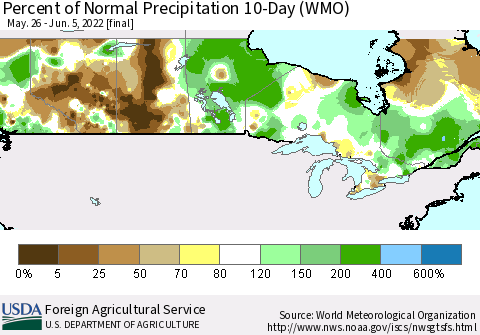 Canada Percent of Normal Precipitation 10-Day (WMO) Thematic Map For 5/26/2022 - 6/5/2022