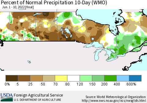 Canada Percent of Normal Precipitation 10-Day (WMO) Thematic Map For 6/1/2022 - 6/10/2022