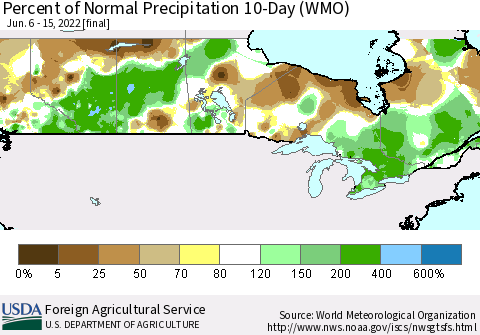 Canada Percent of Normal Precipitation 10-Day (WMO) Thematic Map For 6/6/2022 - 6/15/2022
