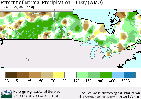 Canada Percent of Normal Precipitation 10-Day (WMO) Thematic Map For 6/11/2022 - 6/20/2022