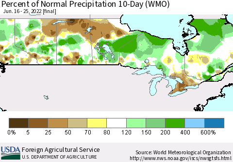 Canada Percent of Normal Precipitation 10-Day (WMO) Thematic Map For 6/16/2022 - 6/25/2022