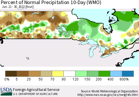Canada Percent of Normal Precipitation 10-Day (WMO) Thematic Map For 6/21/2022 - 6/30/2022