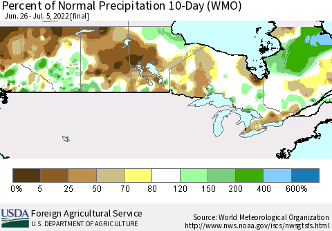 Canada Percent of Normal Precipitation 10-Day (WMO) Thematic Map For 6/26/2022 - 7/5/2022