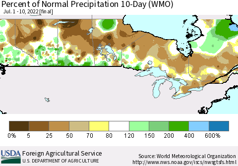 Canada Percent of Normal Precipitation 10-Day (WMO) Thematic Map For 7/1/2022 - 7/10/2022