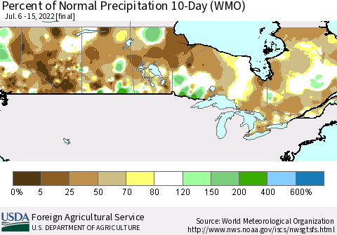 Canada Percent of Normal Precipitation 10-Day (WMO) Thematic Map For 7/6/2022 - 7/15/2022