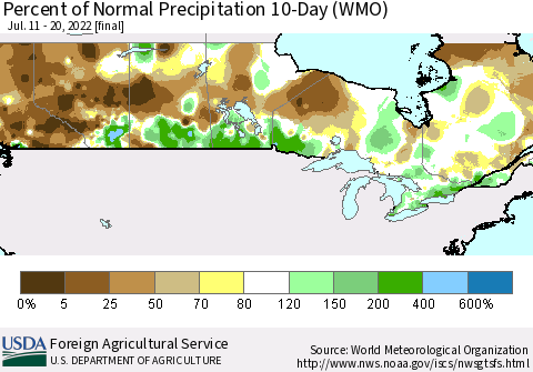 Canada Percent of Normal Precipitation 10-Day (WMO) Thematic Map For 7/11/2022 - 7/20/2022