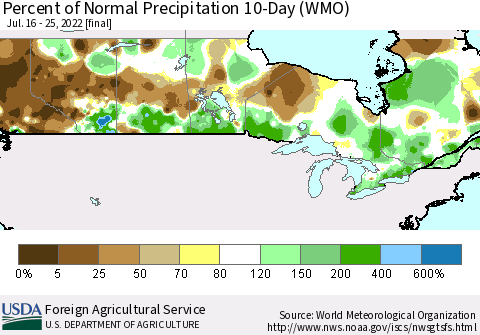 Canada Percent of Normal Precipitation 10-Day (WMO) Thematic Map For 7/16/2022 - 7/25/2022