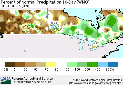 Canada Percent of Normal Precipitation 10-Day (WMO) Thematic Map For 7/21/2022 - 7/31/2022