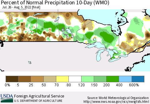 Canada Percent of Normal Precipitation 10-Day (WMO) Thematic Map For 7/26/2022 - 8/5/2022