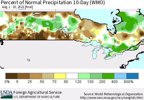 Canada Percent of Normal Precipitation 10-Day (WMO) Thematic Map For 8/1/2022 - 8/10/2022