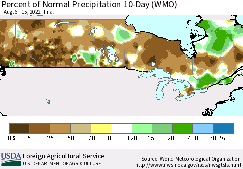 Canada Percent of Normal Precipitation 10-Day (WMO) Thematic Map For 8/6/2022 - 8/15/2022