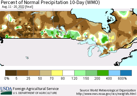 Canada Percent of Normal Precipitation 10-Day (WMO) Thematic Map For 8/11/2022 - 8/20/2022
