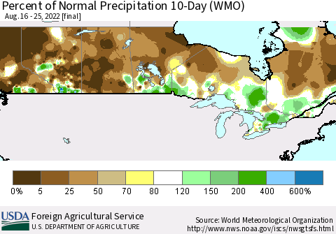 Canada Percent of Normal Precipitation 10-Day (WMO) Thematic Map For 8/16/2022 - 8/25/2022
