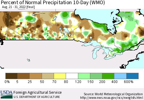 Canada Percent of Normal Precipitation 10-Day (WMO) Thematic Map For 8/21/2022 - 8/31/2022