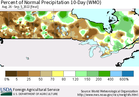 Canada Percent of Normal Precipitation 10-Day (WMO) Thematic Map For 8/26/2022 - 9/5/2022